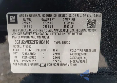 2015 GMC Sierra 1500 Denali z USA, uszkodzony, nr VIN 3GTU2WEC2FG103118